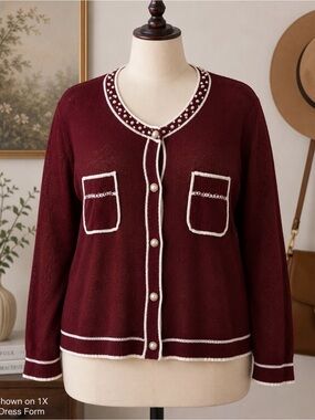 *Embellished, beaded collar, Burgundy Cardigan Sweater - 1X